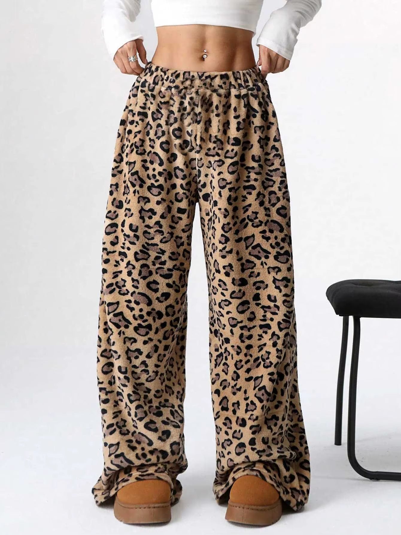Women Casual Trousers Elastic Waistband Drawstring Tie Pajama Bottoms Leopard Print Wide Leg Lounge Pants