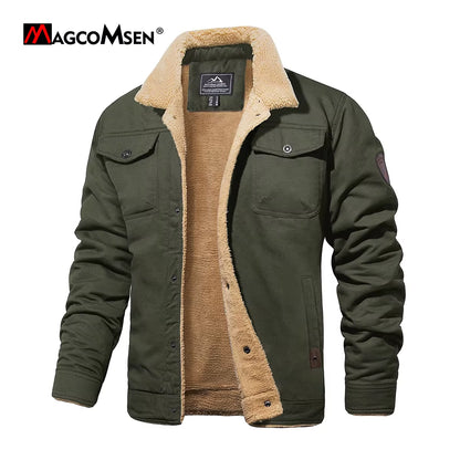 Men'S Jacket Lined Sherpa Jackets Warm Trucker Coats Multi Pocket Cargo Lapel Parkas Winter Work Jackets