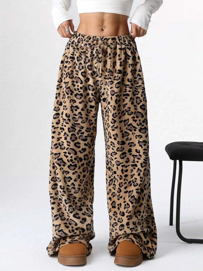 Women Casual Trousers Elastic Waistband Drawstring Tie Pajama Bottoms Leopard Print Wide Leg Lounge Pants