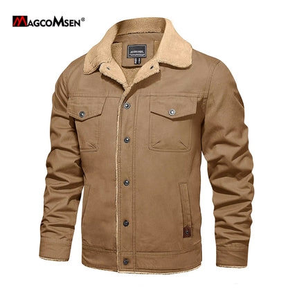 Men'S Jacket Lined Sherpa Jackets Warm Trucker Coats Multi Pocket Cargo Lapel Parkas Winter Work Jackets