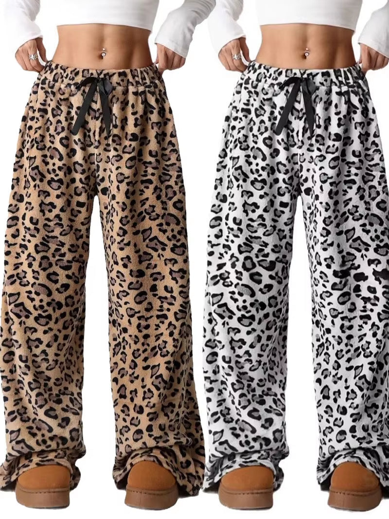 Women Casual Trousers Elastic Waistband Drawstring Tie Pajama Bottoms Leopard Print Wide Leg Lounge Pants