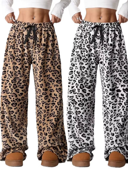 Women Casual Trousers Elastic Waistband Drawstring Tie Pajama Bottoms Leopard Print Wide Leg Lounge Pants