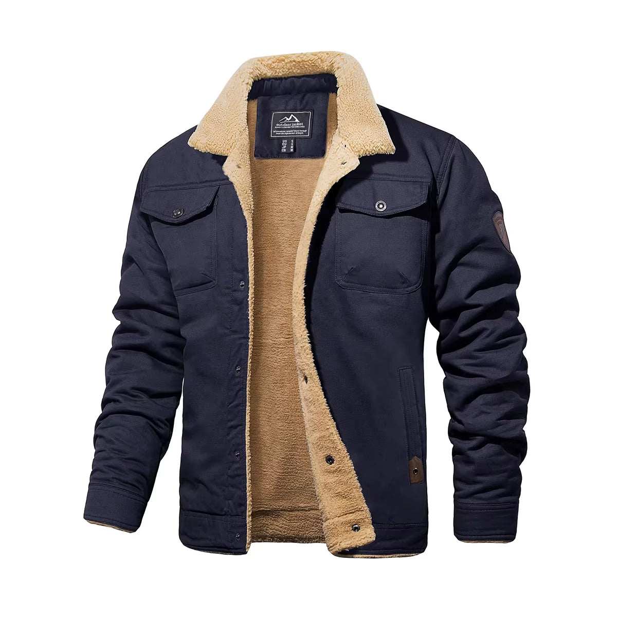 Men'S Jacket Lined Sherpa Jackets Warm Trucker Coats Multi Pocket Cargo Lapel Parkas Winter Work Jackets