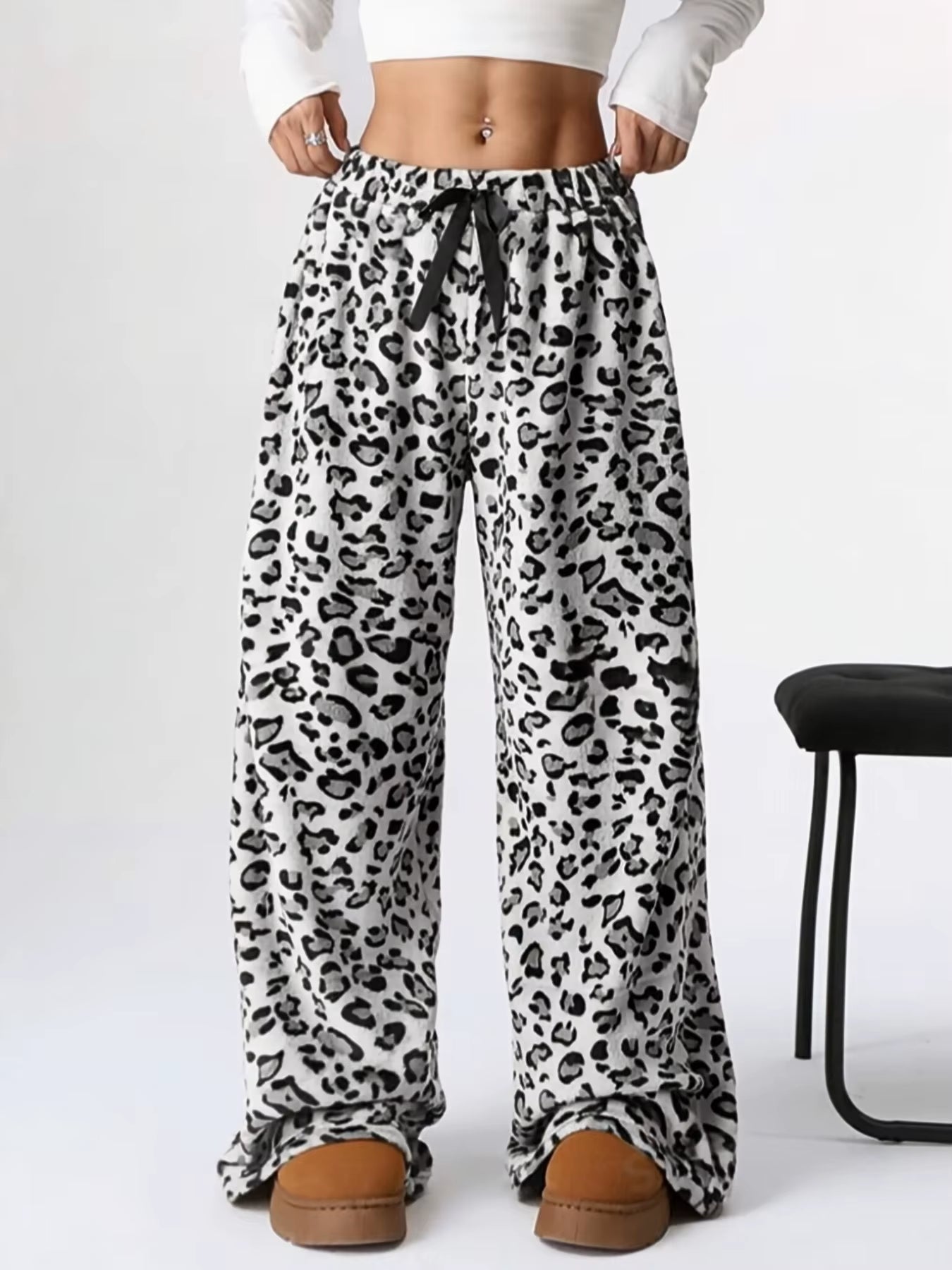 Women Casual Trousers Elastic Waistband Drawstring Tie Pajama Bottoms Leopard Print Wide Leg Lounge Pants